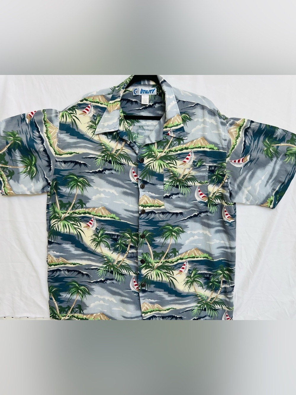 Vintage 90s Utility Hawaiian Shirt Men’s Large Rayon Sailboat Palm Tree Aloha
